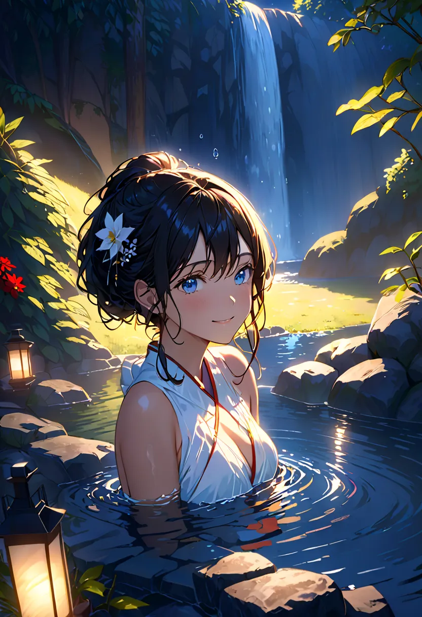  night view, small breastsの若い女性の滝の近くで水浴びをしているダネリア・トゥレショバ , small breasts, Bathing near a waterfall, Body submerged in water, Slim cheeks, wet hair, raise her chin, seductive face, No., stone, pure water, Show Cleavage, Water splashes on the body, Realistic...