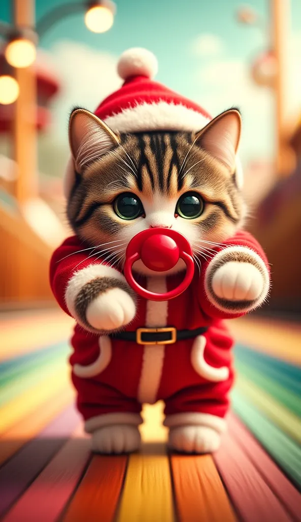 kitten ,      bright         , Real Cat,     Cute green eyes      ,     Santa Claus baby clothes        ,          Amusement park runway         .        Put a big red pacifier in your mouth , Stand up and reach out 
