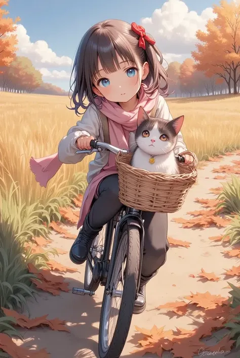  human anatomically accurate  , A trip with a cat ,   beautiful full body girls   ,  Riding a bicycle with a basket 、 with a cat in the basket :1.5, ((Manga Style:1.51)), linear  ,  She has a half face  , Warm clothes,  Longer Black Boots ,   cold  , Cat i...