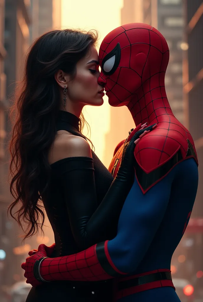 Spiderman kissing a woman in all black with black hair, a septum nose ring, and freckles