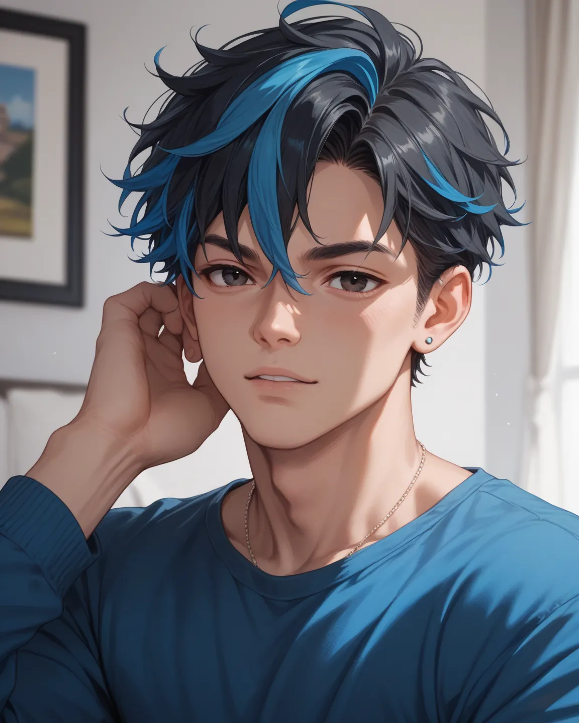 black hair boy with faded blue highlights, a blue blouse with white details, he has black eyes