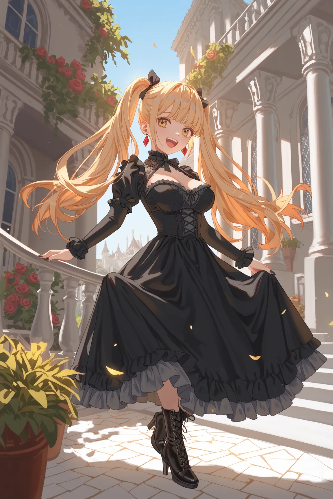 one girl,Top Quality, textured skin, very detailed, anatomically correct, Ultra High Definition, golden hair,  industrial earrings,masterpiece, high detail, black dress, with golden eyes,  Black Leather Boots, 4K,  8k octane,  Slim,  and laugh, Silver Acce...