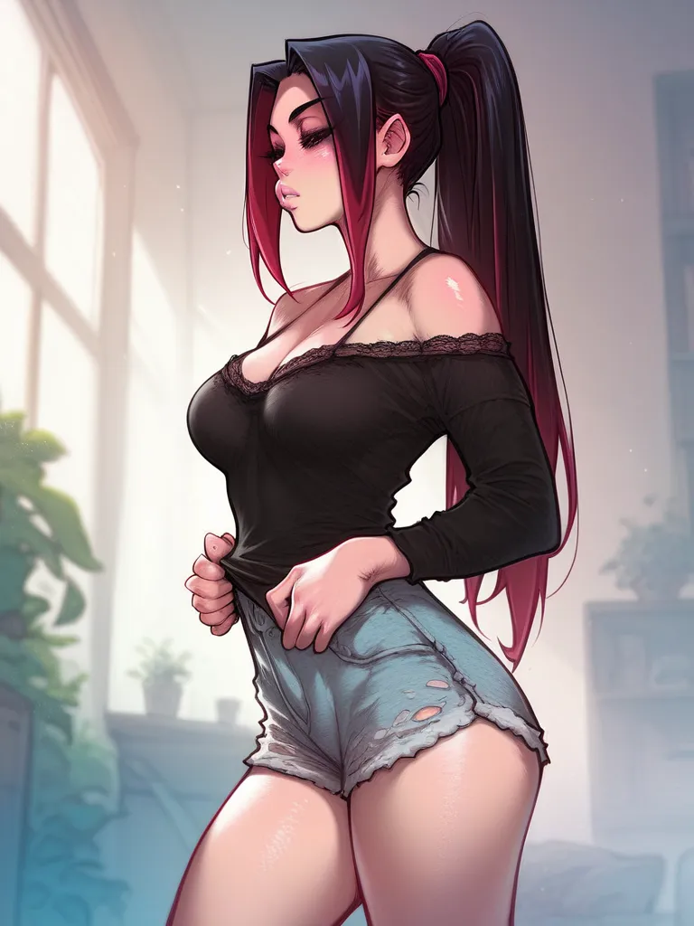 Melkormancin style, Black blouse, lace blouse, long sleeves, loose top, tight bottom, pink booty shorts, long ponytail, Black Hair, Red highlights, small Jaw, large breasts, thick thighs, slim waist, standing, stretch arms