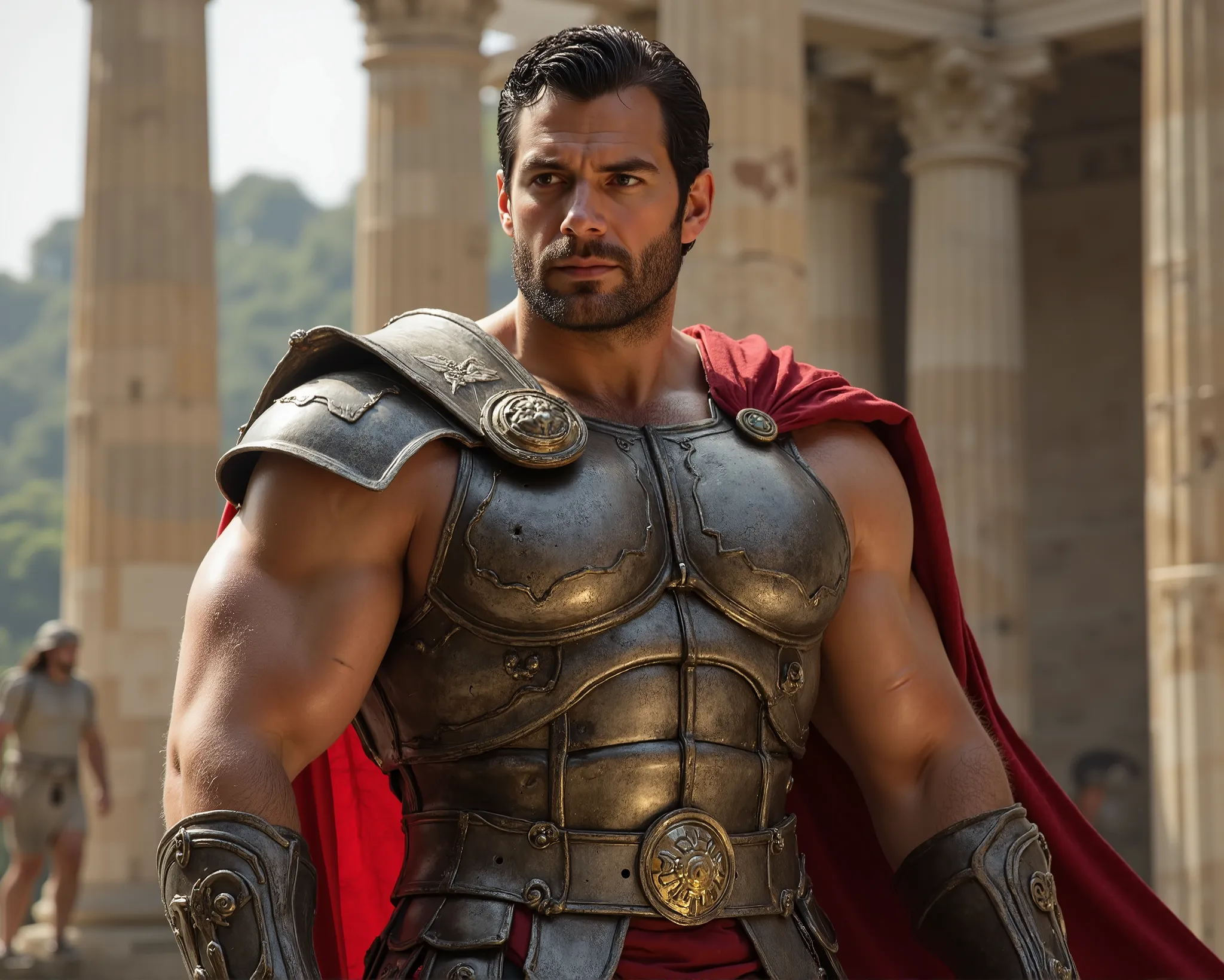  Create a REALISTIC image of the Greek god Ares with the face of actor Henry Cavil. semi-naked, with only armor on forearms and legs, Spartan armor.