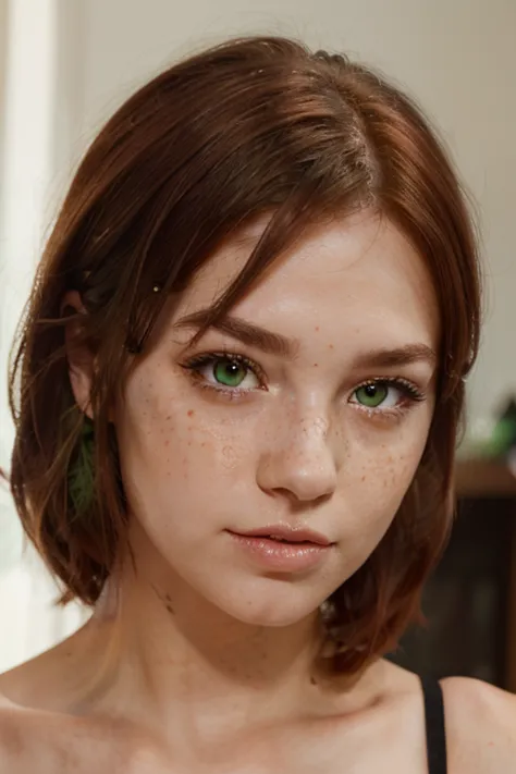 An irish girl that has red hair, eyebrow. MAKE HER EYELASHES RED. she has pale skin with PINK FRECKLES that really visible and green eyes. MAKE HER EYELASHES RED, OKAY?