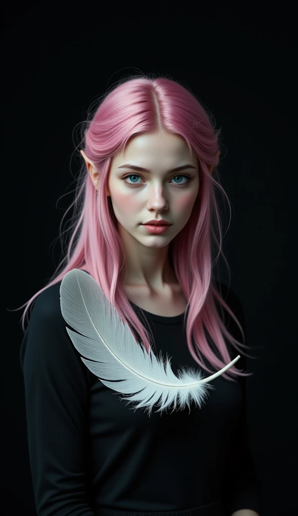 (Floating Feathers, single cutout, black background), people who want to meet、The figure of a beautiful female elf is projected, , ,girl with pink hair、Blue eyes with both eyes、\people who want to meet、on the surface of a single feather々will appear...\, 