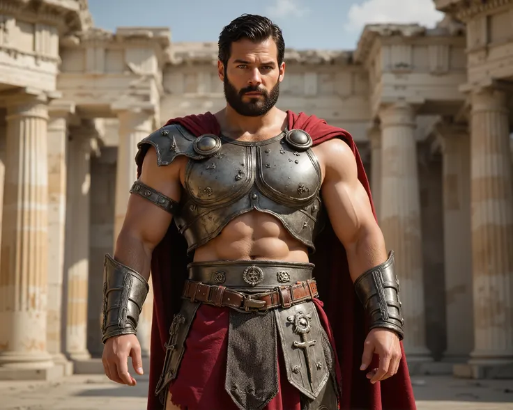 Create a REALISTIC image of the Greek god Ares with the face of actor Henry Cavil. semi-naked, with only armor on forearms and legs, Spartan armor.