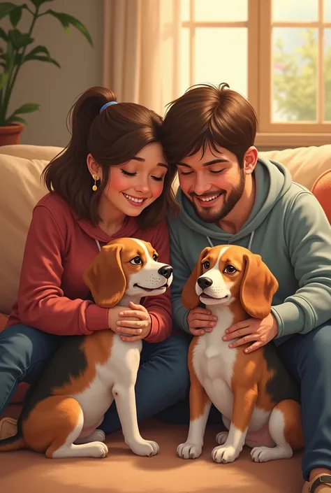 A man, a woman is a fan, a female beagle dog, a male corky dog