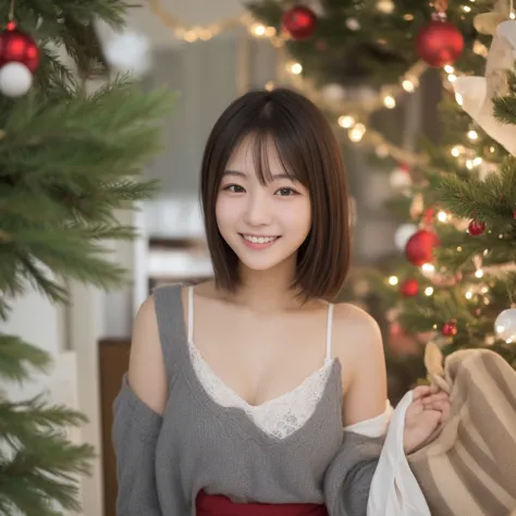 neat female college student　20 years old　Japanese　 photos　cute　smile　short hair　 christmas