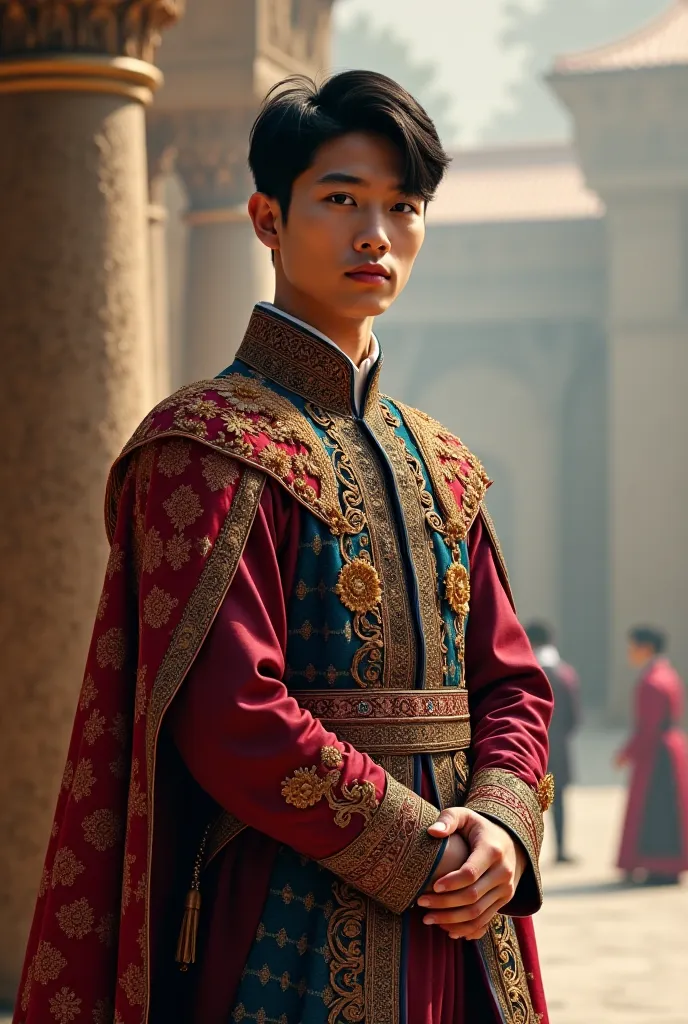 A medieval 19-20 yrs old asian average looking boy standing, while wearing a royal like outfit of spain