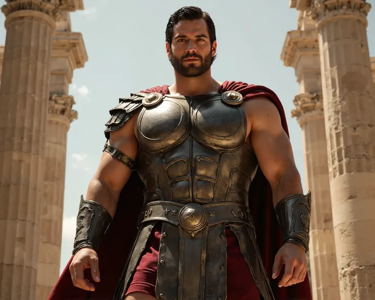 Create a REALISTIC image of the Greek god Ares with the face of actor Henry Cavil. semi-naked, with only armor on forearms and legs, Spartan armor.