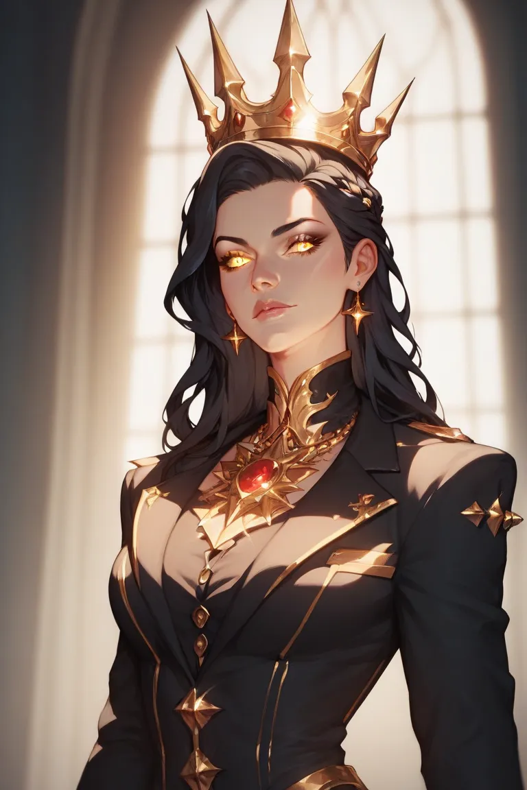 powerful, golden spiked crown, long black hair, glowing eyes, black suit, black outfit, white and gold detailing, elegant, standing, dramatic lighting, high detail.