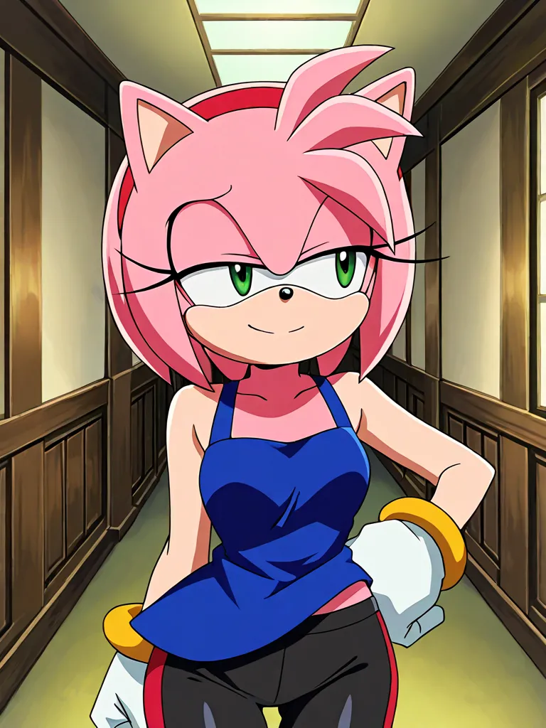   source  _anime, score_9, score_8_arriba, score_7_arriba, anime screencap,
detailed face, AMY_rose, hairy female, Alone , pink fur, red hair band,  green eyes , from the spectator's back, bare shoulders, a blue blouse with ruffles and bare shoulders,  nav...