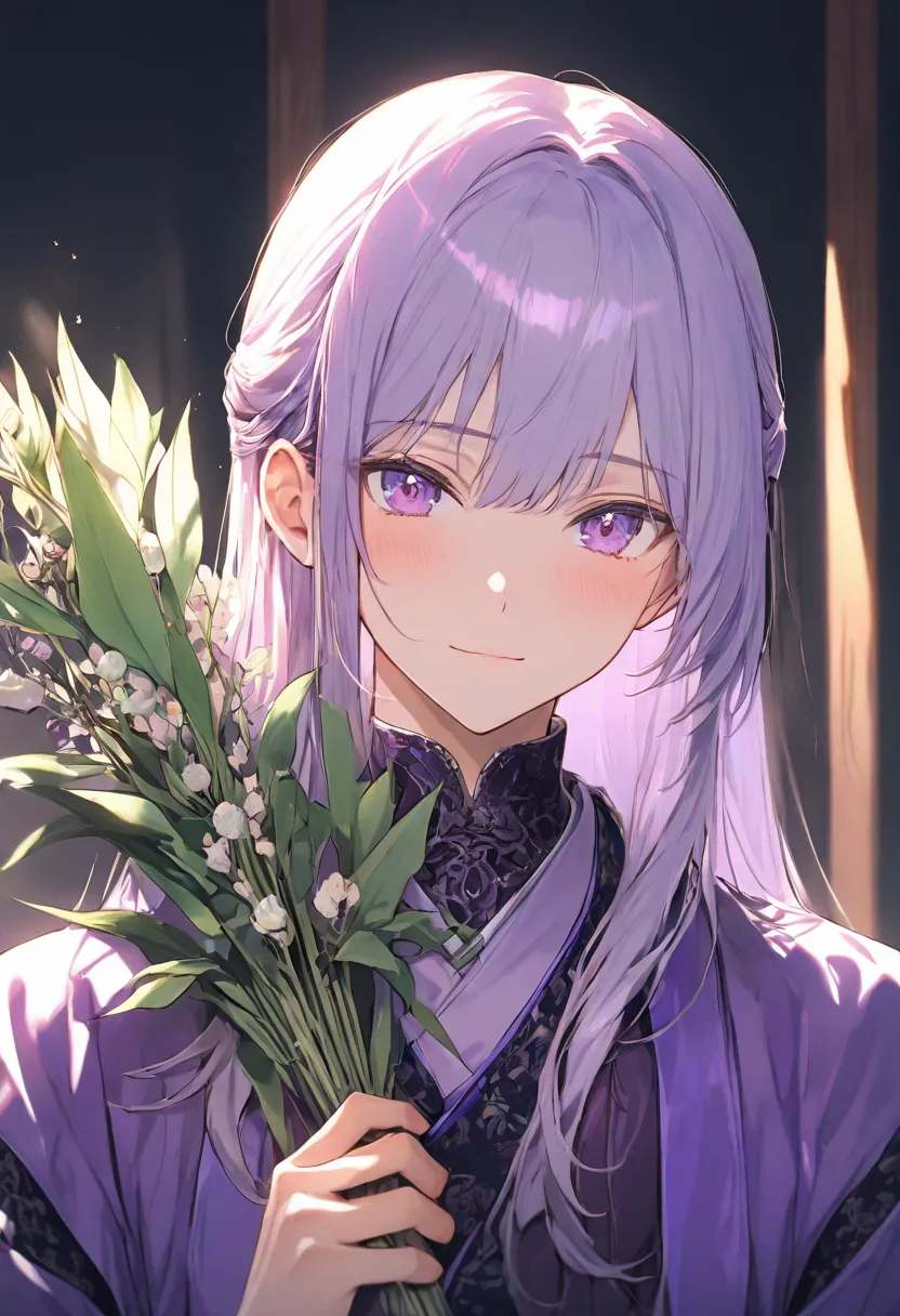 1boy, male, long hair, light purple hair, straight hair, dark purple eyes, soft smile, blushing, purple hanfu, dark purple robe over hanfu, aristocratic, holding a bouquet of sage, embarrassment. Ultra-high resolution, perfect lighting, perfect color corre...