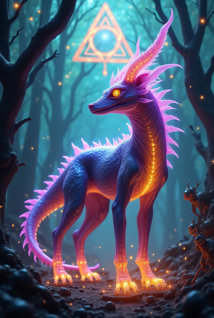 detailed description:
Create a hybrid mystical creature, with a slender wolf body and iridescent reptilian scales that shine in shades of purple and amber. Its head has curved and translucent horns, similar to crystals, that emit a pulsating light. The eye...