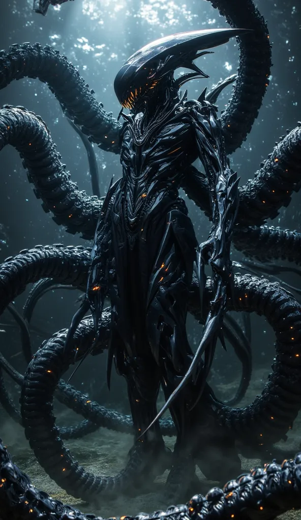 One alien kraken, octopus body shape, huge dangerous creature, ferocious form, highly lethal and deadly, underwater on an alien planet.

Like a sci-fi movie. Ultimate reality.
Highest quality, highest image quality, high resolution, images sharpened by the...