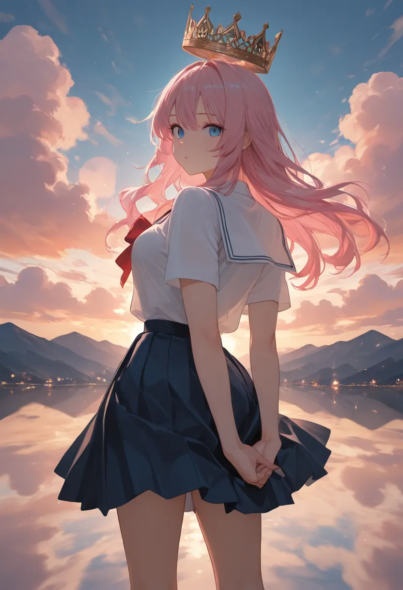 (surreal),(best quality), (masterpiece), beautiful girl, girl standing on the breakwater and looking at me, , ,girl with pink hair、Blue eyes with both eyes、 Backlit Silhouette , Put your hands on your lower back, open your legs, Japanese high school girl w...