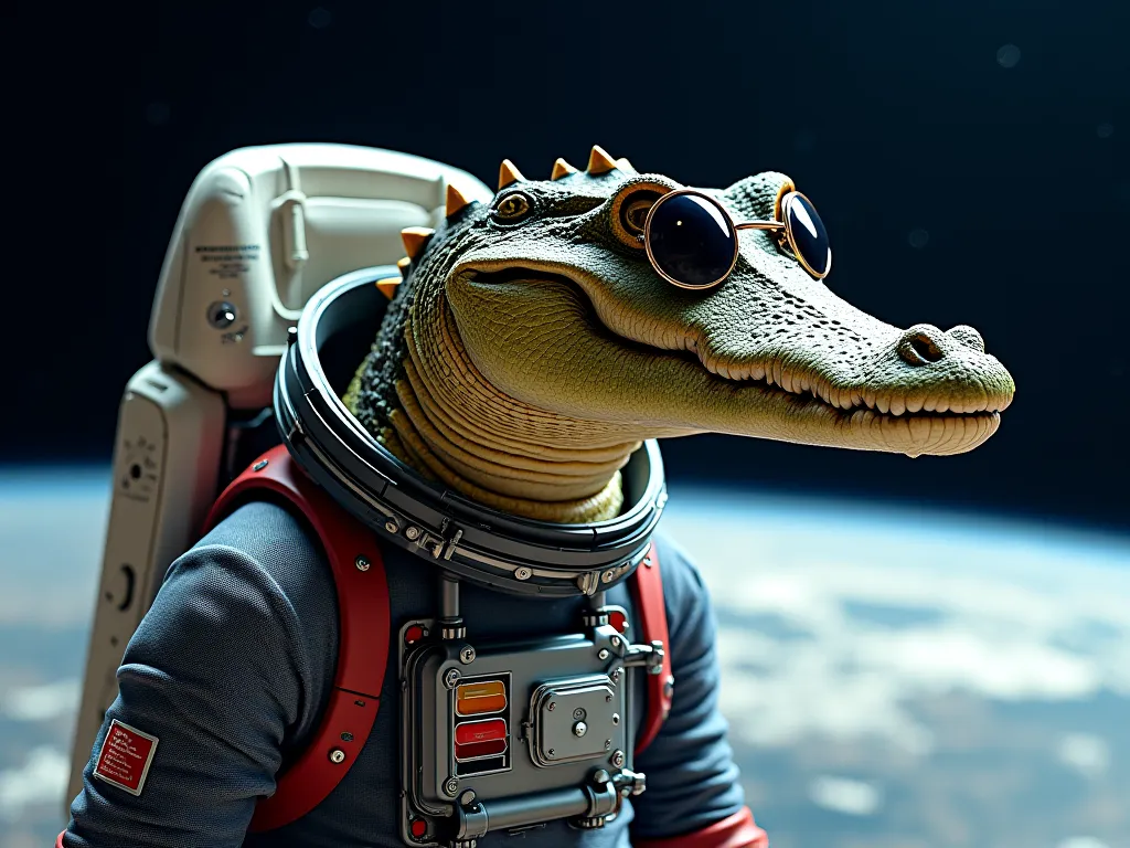 a crocodile going to the moon, wearing sunglasses and suit, wiev of world background