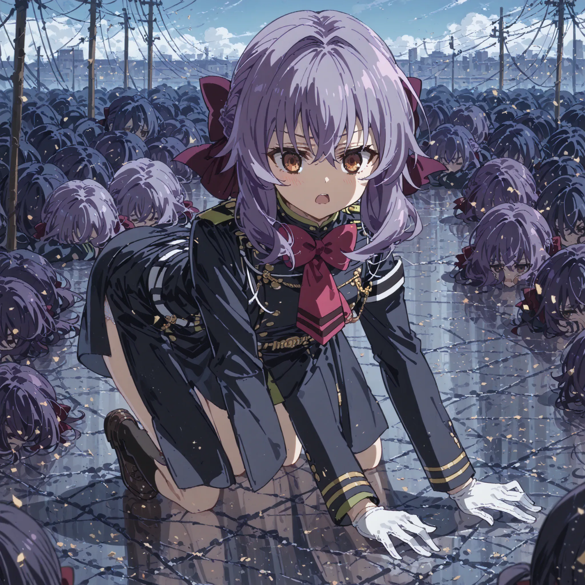  score_9,  score_8_ up  the side,  score_7_ up  the side,  source_anime, Shinoa hiiragi, on all fours、  long hair, bow,  brown eyes,  purple hair, hair bow, anime screencap,  white gloves, uniform, military, military uniform,f, Red Neckerchief,
、(full body...