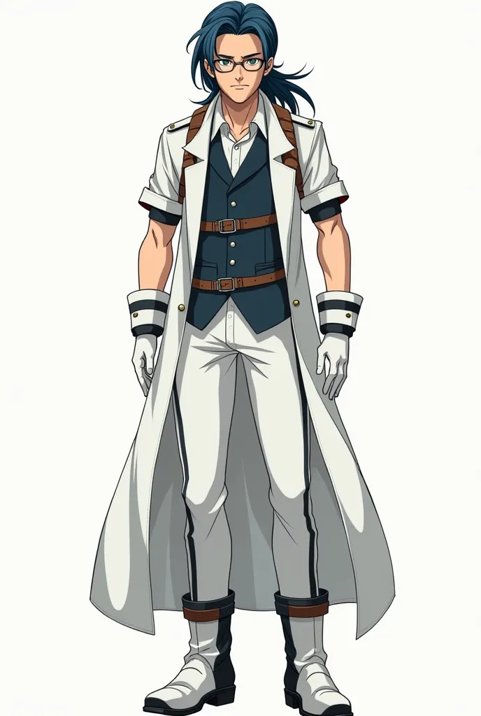 generates a full body illustration in a simple anime style of a 38 year old adult man, dark green eyes and serious, with thin glasses. Very long and tied hair of a dark blue color. Of thin and marked complexion. He wears a white scientist coat with several...