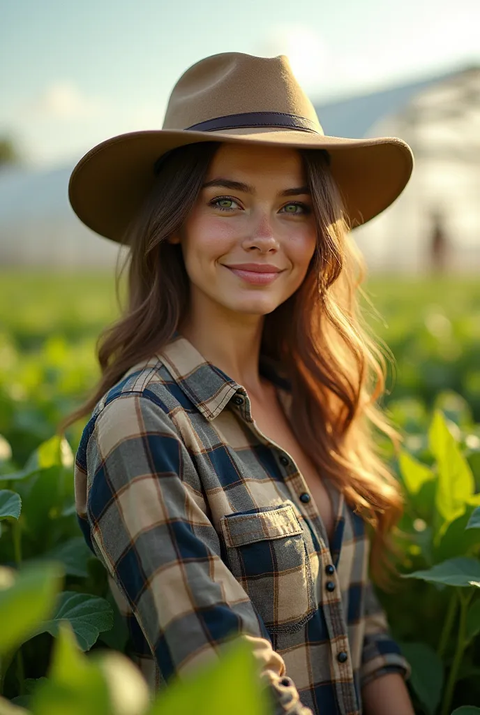 Create an image of a person who sees herself in the future as a great agronomist in the field with crops with hat and greenhouse horizontal cowboy hat with cowboy hat cowboy hat checkered shirt 