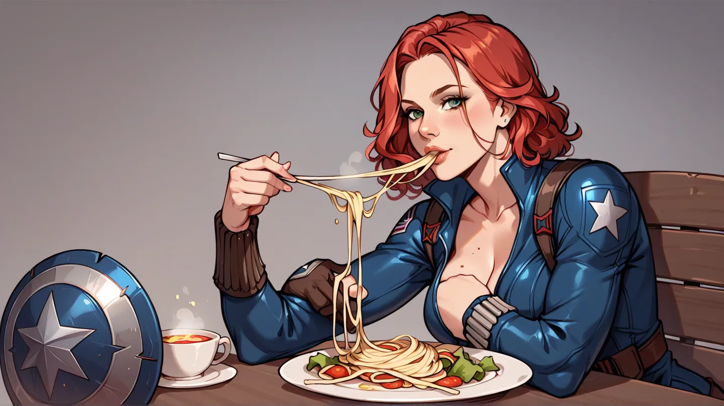 Captain America, black widow, eats pasta, eats pasta from captain america shield, shield is a plate foe pasta