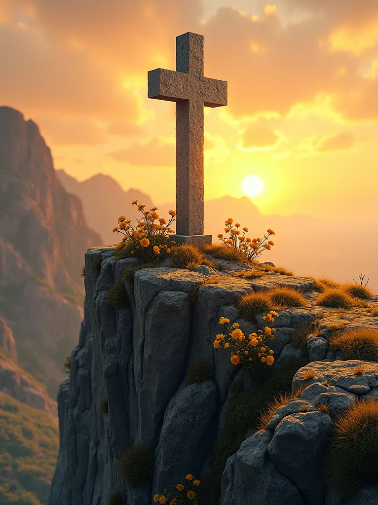 A stone cross on top of a cliff, With yellow roses around the cross,background of the image a cliff with sunset in the background