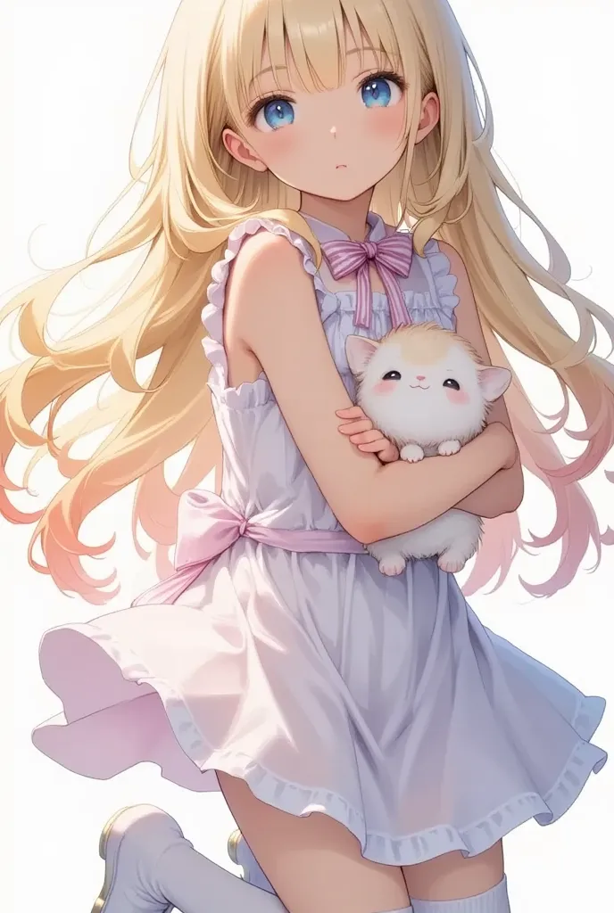 (sunburned skin,blond hair, blue eyes:1.2),(sunburned skin),
full body view of an anime girl with long hair,blond hairをツインテールにする. She's bright blue ,Wear a wrinkled dress、 holding a stuffed cat. make the background color pastel lavender,white,and、The overa...