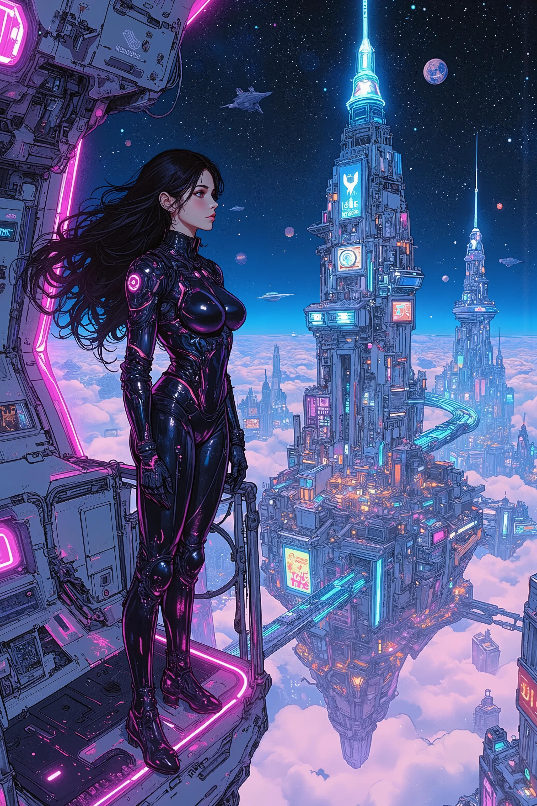 A high-resolution digital painting of a stunning female soldier standing at the edge of a sleek, high-tech balcony, gazing at a vast futuristic floating megalopolis. She wears a form-fitting, advanced combat suit adorned with glowing circuitry and reinforc...