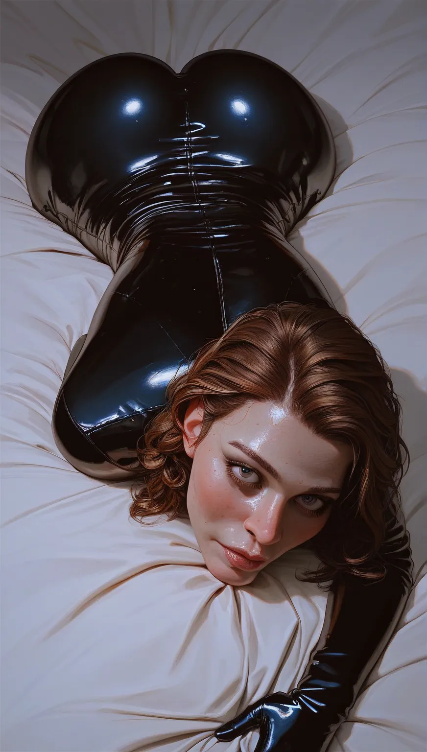 score_9, score_8_up, score_8_up, 1girl, in a bed, lying on bed edge,  posing sexy, nsfw,  front view ,  ass up face down, sweaty skin, tight latex suit, black latex, shiny latex, showing off her body,  ((ass worship)), dreamy eyes, sweaty skin, arching bac...