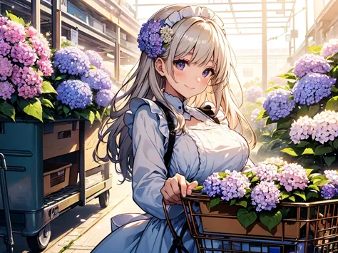 A beautiful young woman wearing a classic maid outfit is placing a large number of colorful flowers into a shopping cart. The cart is already overflowing with roses, hydrangeas, and various blossoms. She has a gentle smile, focused on carefully arranging t...