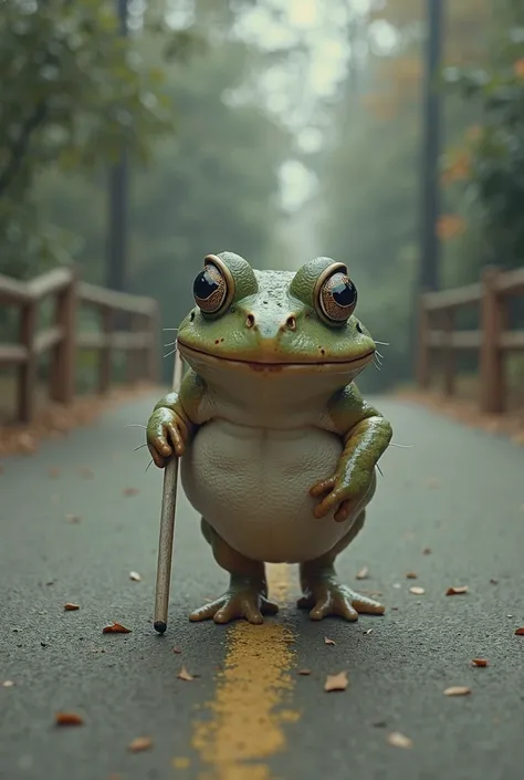 I want a frog that has to be blind, with postura de cego, andar de cego numa via que tem acesso pra cego with bengala de cego, with. White eye just as blind and dark glasses walking on a walk (sidewalk) Suitable for the blind