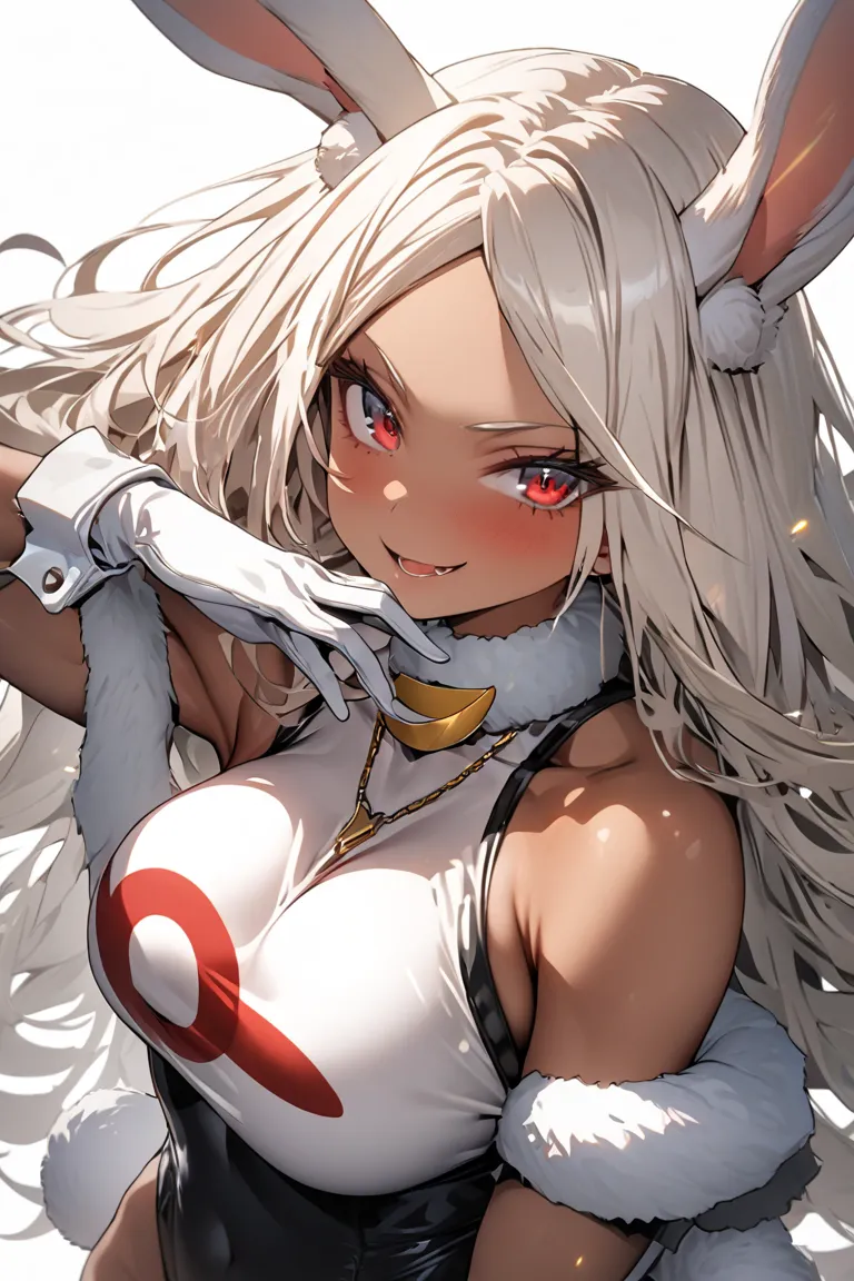 1girl, , shiny skin, HDR,UHD,8K, best quality, masterpiece, Highly detailed, large breasts,1girl, long white hair, large breasts, red eyes, rabbit ears, rabbit tail, dark skin, dark-skinned female, parted bangs, rabbit girl, long eyelashes,rumi usagiyama(m...