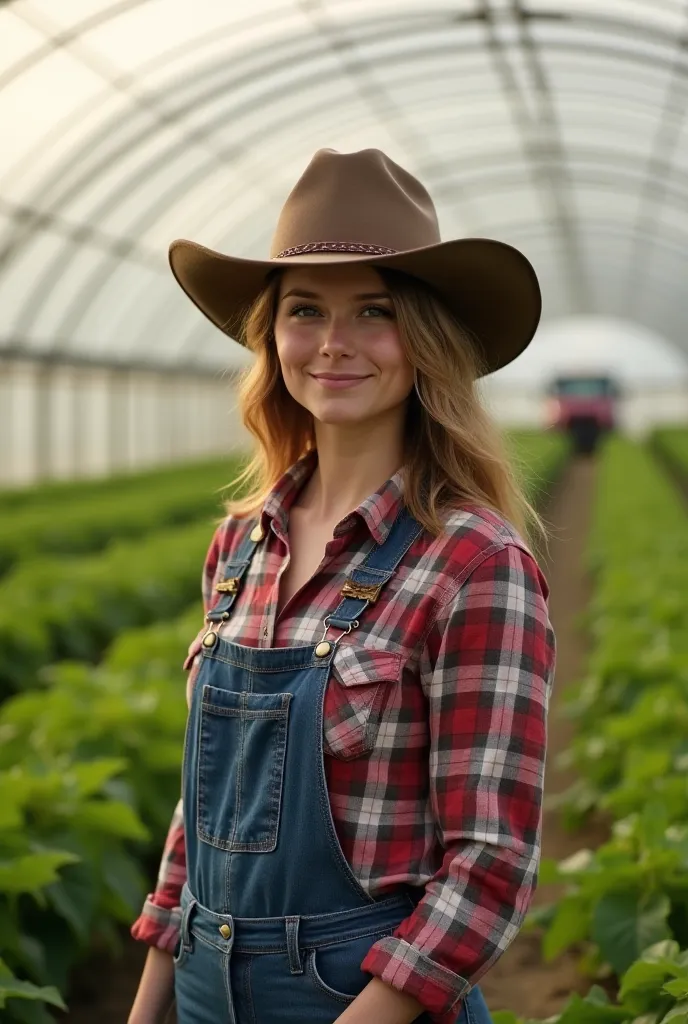 Create an image of a person who sees herself in the future as a great agronomist in the field with crops with hats and greenhouse horizontal cowboy hat with cowboy hat cowboy hat checkered shirt with a Cheyenne that shows more crops and a RAM van that show...