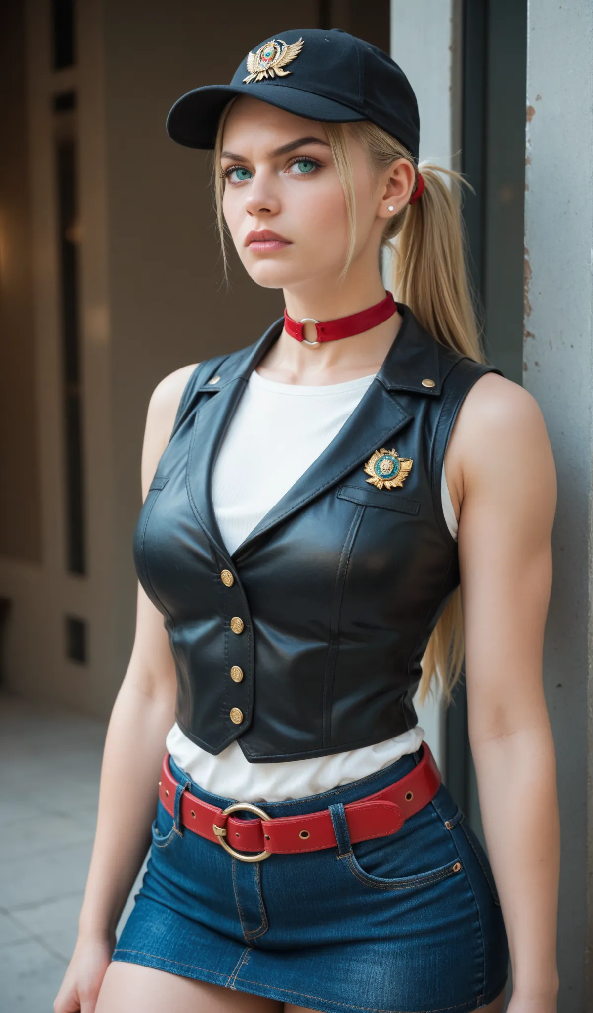 Mia Winters / Resident Evil 7, turquoise eyes, furious look full of contempt, blond hair, very long hair, ponytail, hair wrap,  black cap,  red choker, Upper O-ring, anti-cut vest, sleeveless,  waist layer ,  denim skirt, red belt, thick thighs, wide hips,...