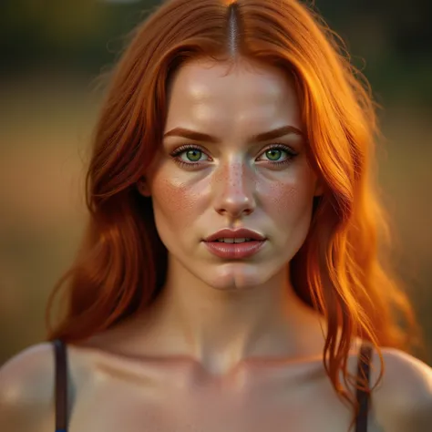 A close-up portrait of a stunning red-haired woman with emerald green eyes, wearing subtle yet elegant makeup, soft pink lips slightly parted. Her wavy, voluminous hair cascades over her shoulders, illuminated by the warm light of the golden hour. She gaze...