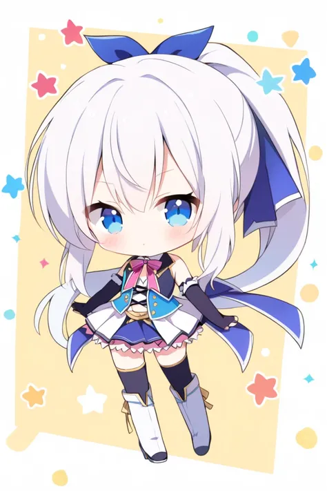 1 girl, cute, young, white hair, ponytail, blue eyes, idol costume, thigh boots, elbow gloves, chibi,