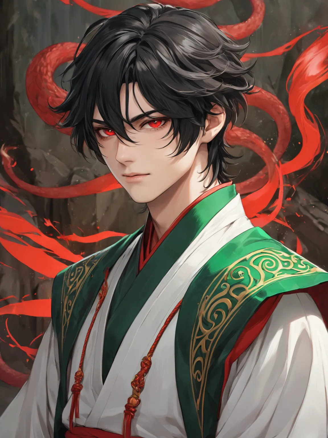 Ye Khünbish, son of Yisü Buqa, inherited bright emerald eyes, short wavy black hair with a few blood red streaks, his slight contours of muscles stand out on his young but well-developed body, red engravings adorn his pale skin, shining and snaking with po...