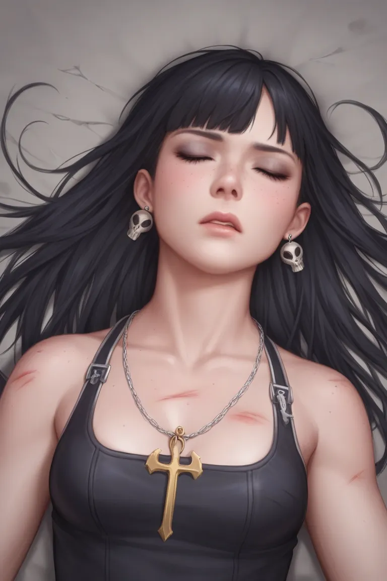 anime artwork Evelyn, , 1girl, black hair, freckles, sword earrings, sword earrings, cross, sword earrings, skull tattoo, realistic, solo, anime style, key visual, vibrant, studio anime,  highly detailed. Lying on the ground. Areial view. Closed eyes. Eyes...