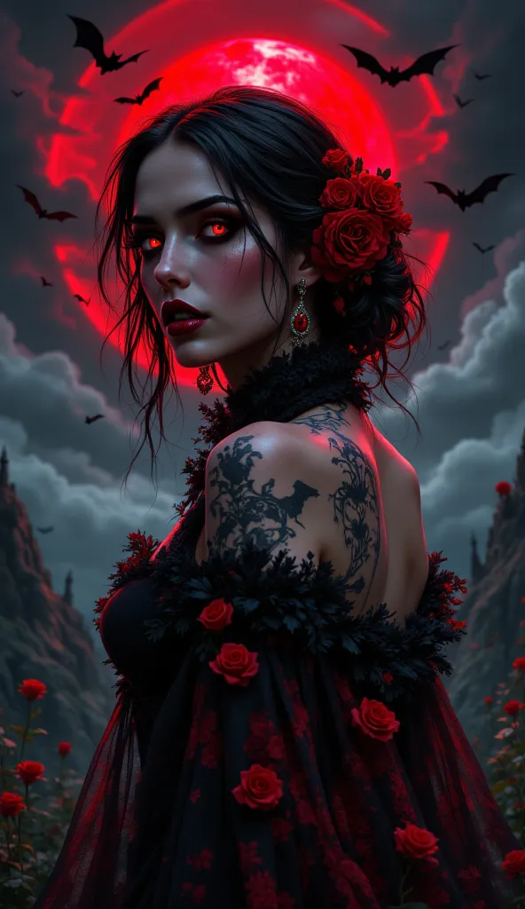 A gothic-style vampire with red eyes, visible fangs, and a mysterious expression , red moon, on the high hill, high cleavage. seductive, The background is a blend of dark and light hues, giving an ethereal and mysterious ambiance, bats, tattoo, red roses, ...