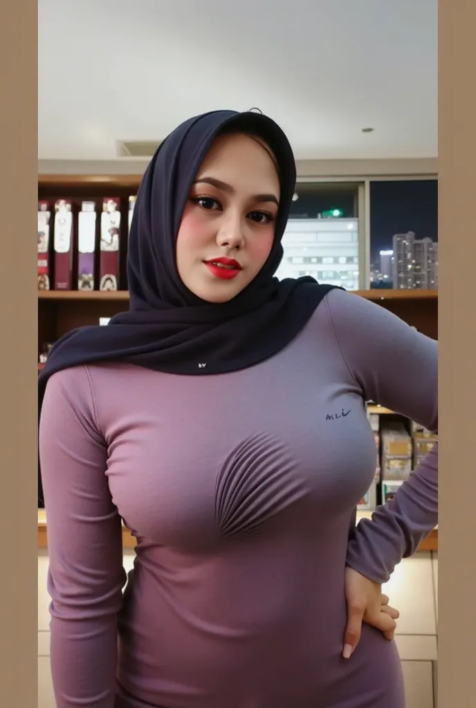  Indonesian adult woman ,wearing a brown sports hijab  , Beautiful face and smiling at the camera , ( eyes using green color soflens , blushing red cheeks, use eye shadow pink ,  long lashes  , thick eyebrows ,  very thick lips maroon). Curvy body ( solid ...