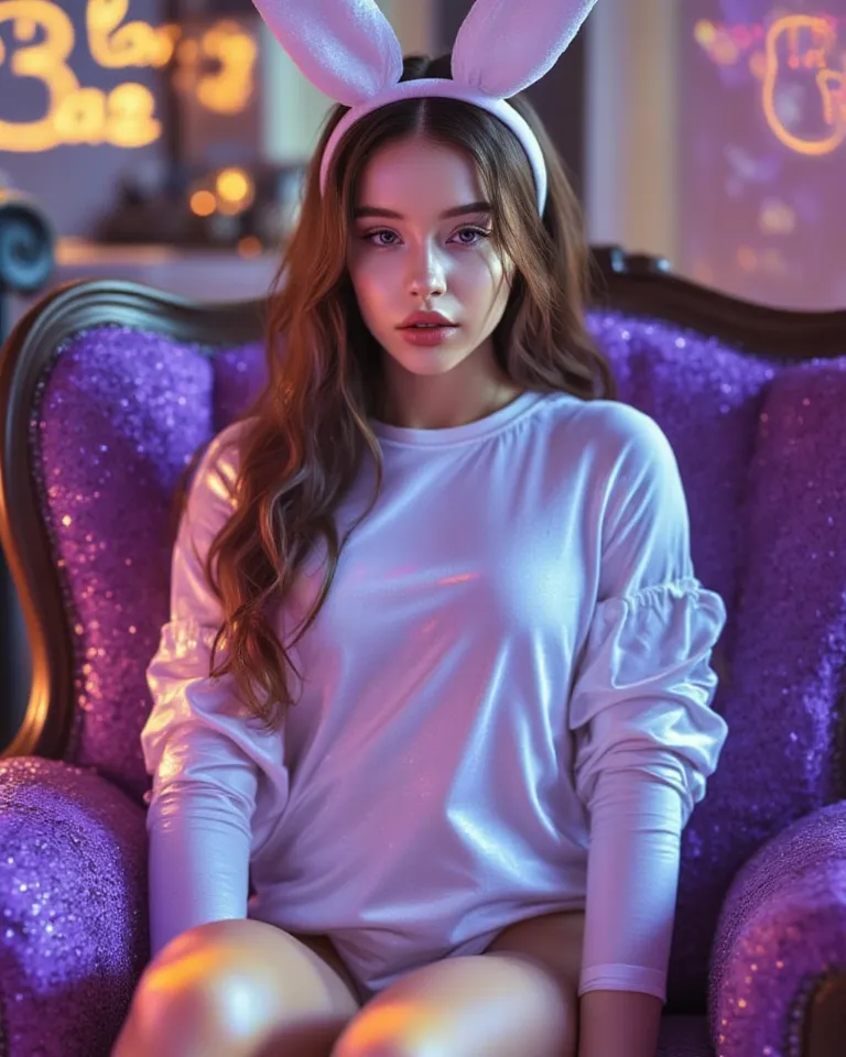 Hyper realistic beautiful brown-haired young Bella 18 years old wearing silver latex mini shorts, oversized plain white t-shirt, head band with the white fluffy fur rabbit ears, sitting on cozy purple fluffy fur armchair. Blue eyes. Full body. Big brests. ...