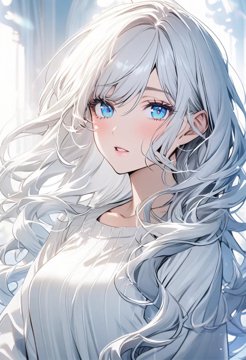 Woman, platinum white wavy hair, blue eyes