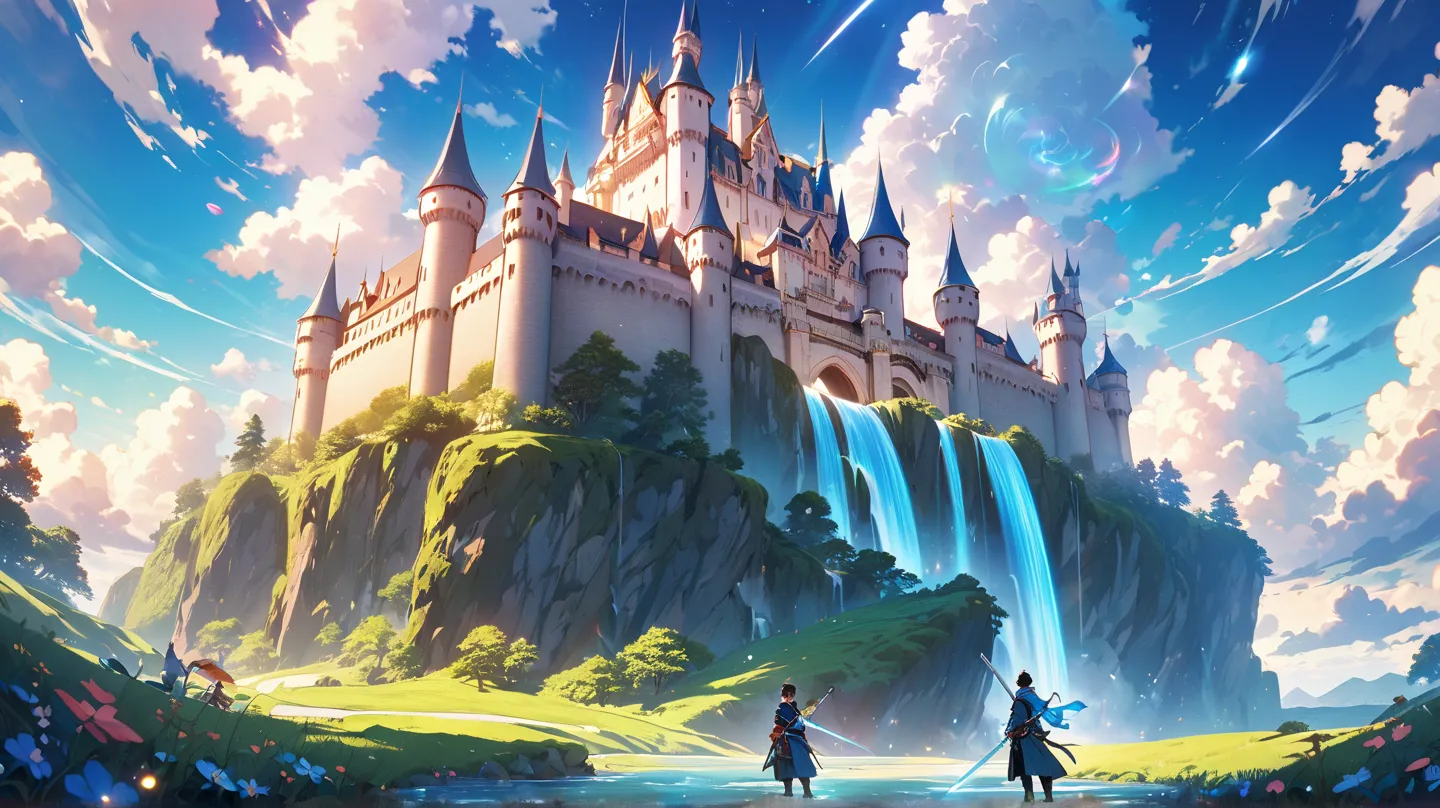 若い男前のadventure者が崖の上に立ち、Lush landscape、waterfall、looking down at the castle's shining entrance、It's a vibrant anime-style fantasy illustration。The castle swirls with fantastic magical light。adventure者は赤いマントを着て、This is a male swordsman holding a shiny sword ...