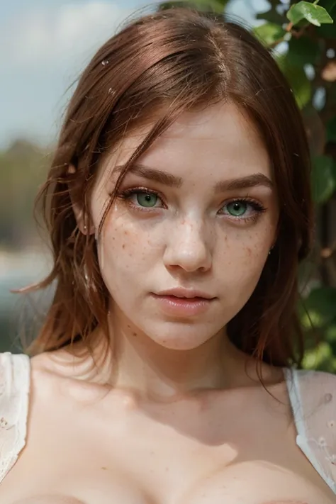 A full potrait of irish girl that has red hair, eyebrow. MAKE HER EYELASHES FUCKING RED. she has pale skin with PINK FRECKLES that really visible like a lot and green eyes colored. MAKE HER EYELASHES RED, OKAY? make her FRECKLES REALLY VISIBLE. make her ha...