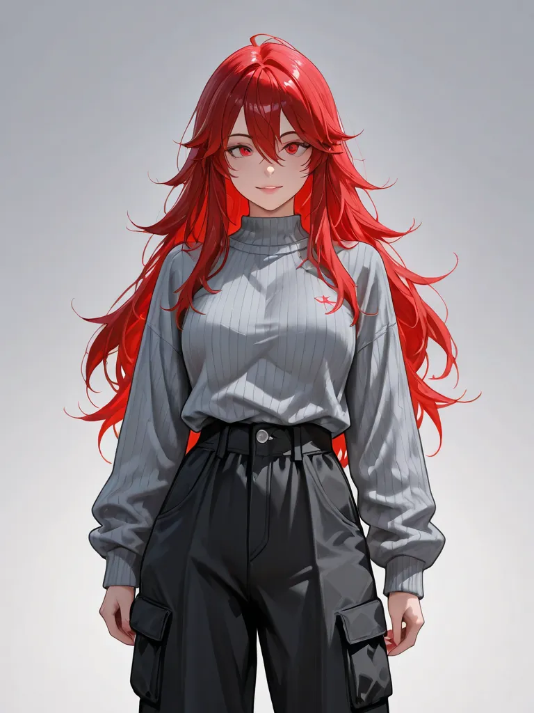 A young woman with messy long red hair. Her eyes are red, conveying a happy and joyfull expression. She wears a confy tight v-shaped grey sweater.  She has black cargo pants. The background is simple and light, highlighting the vibrant tones of her hair an...