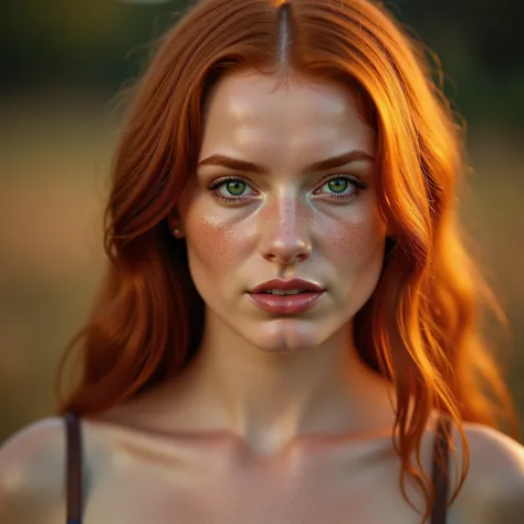 A close-up portrait of a stunning red-haired woman with emerald green eyes, wearing subtle yet elegant makeup, soft pink lips slightly parted. Her wavy, voluminous hair cascades over her shoulders, illuminated by the warm light of the golden hour. She gaze...