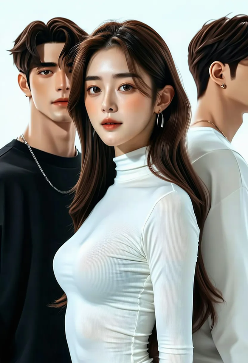  High quality image , a beautiful young woman with long flowing hair, wearing long-sleeved clothes.  sideways. behind there are two handsome men with different faces staring at the woman. love triangle story. realistic. visual Korea.full body. full hd ultr...