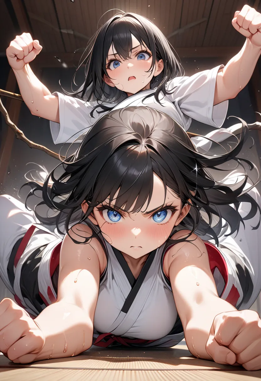  1girl 、 dojo、 tense scene for you 、head shot、looking away、angle from below:1.5、Fighting Pose、a girl in a karate suit with long, damp black hair、 slightly muscular arms、Sweaty body、Step on both feet、Stick out your right fist、Dynamic arm movement、 Flexible ...