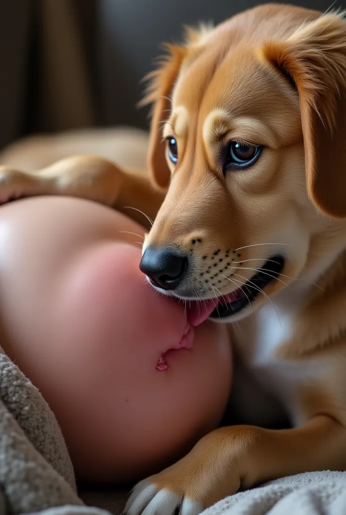 A dog licking the realistic owner's vagina